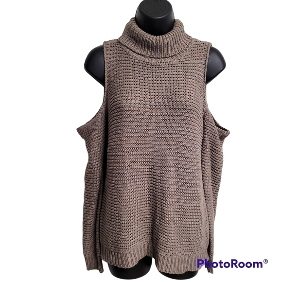 Design Lab Tan Brown Loose Knit Cold Shoulder Turtleneck Sweater - Picture 1 of 9
